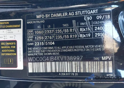 2019 Mercedes-Benz Glc 300 from USA, damaged, VIN WDC0G4JB4KV138997
